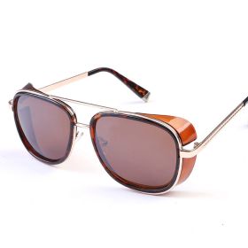 Iron Fashion Man 3 IRON TONY Windscreen Sunglasses for Men and Women Double beam Sunglasses Retro Personality Glasses (colour: Tea leopard shaped frame tea slice)